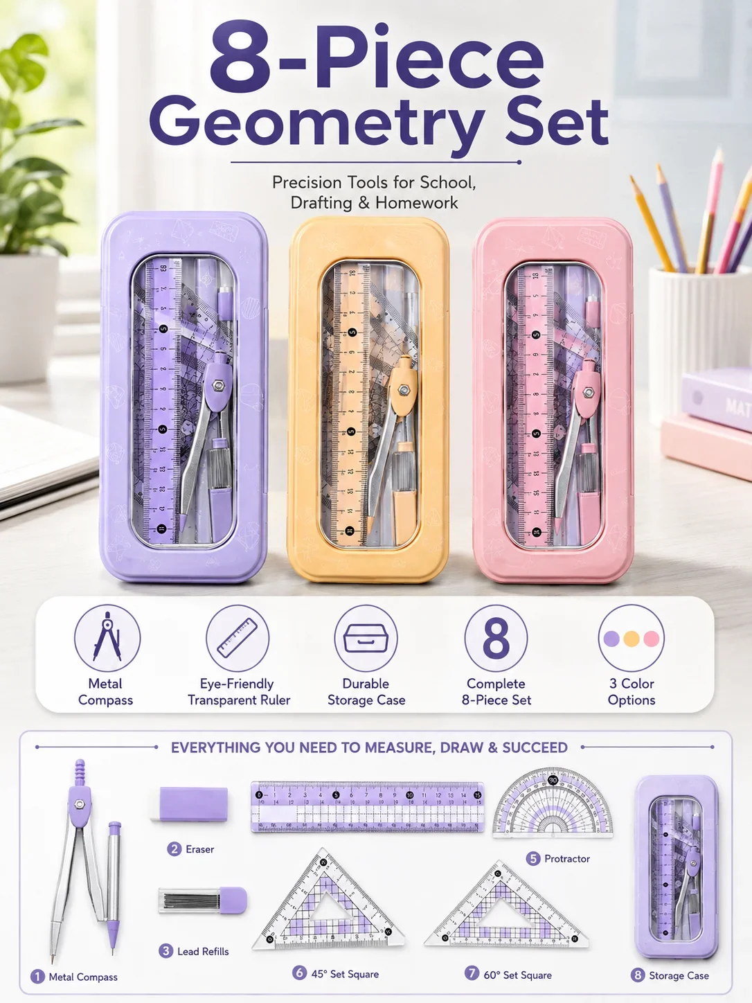 Set Geometri Matematika 8-Poto - Compass Geometry Set ulasan dan harga
