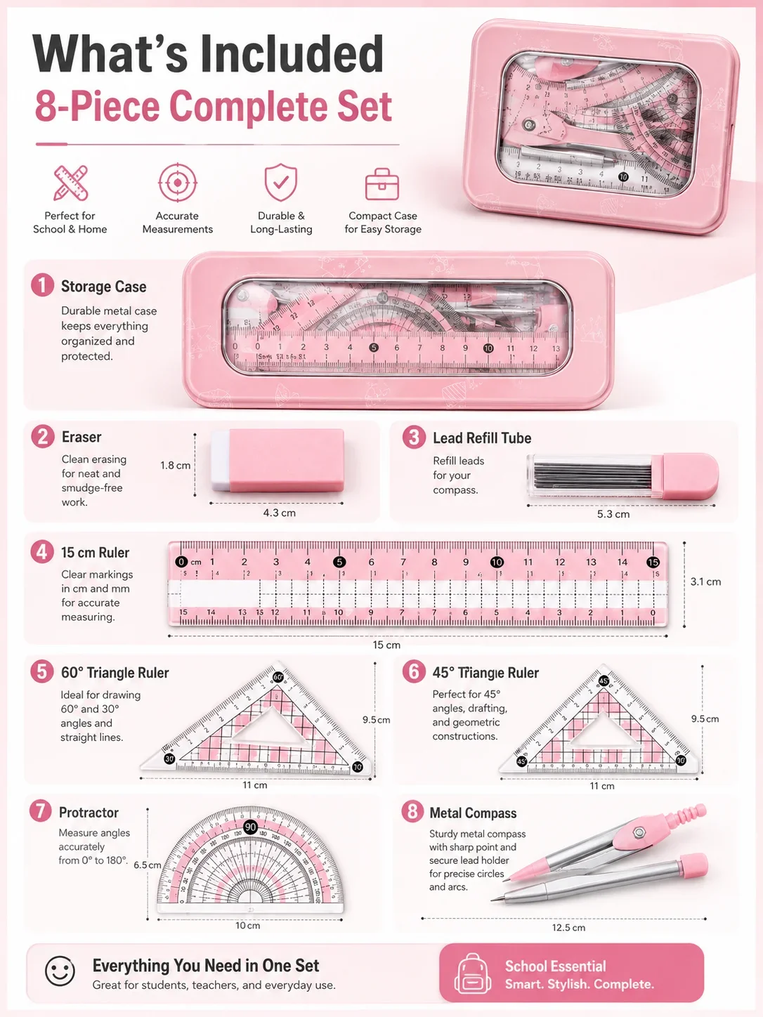 Set Geometri Matematika 8-Poto - Compass Geometry Set ulasan dan harga